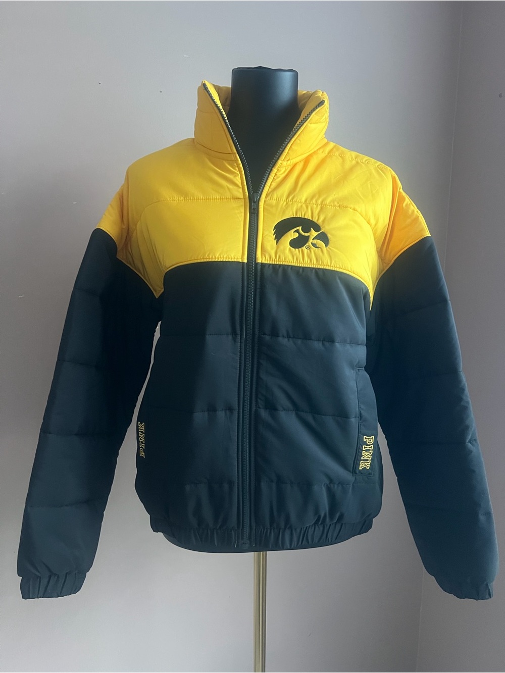 PINK Victoria's Secret Colorblock Puffer Jacket in Yellow and Black